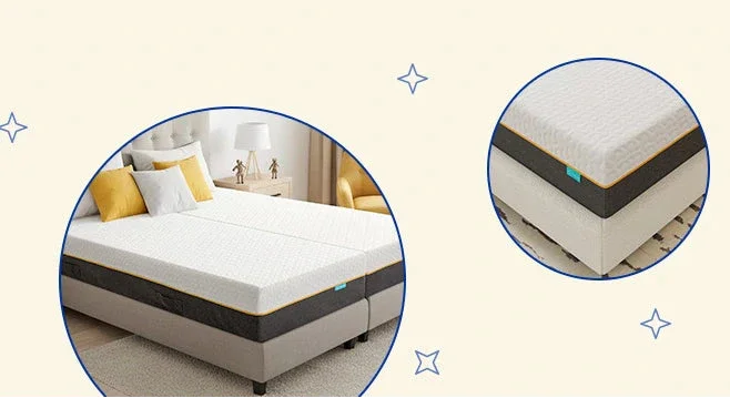 Moderne Matratze mit gelben Kissen im Schlafzimmer, detailreiche Ansicht der Matratzenkanten