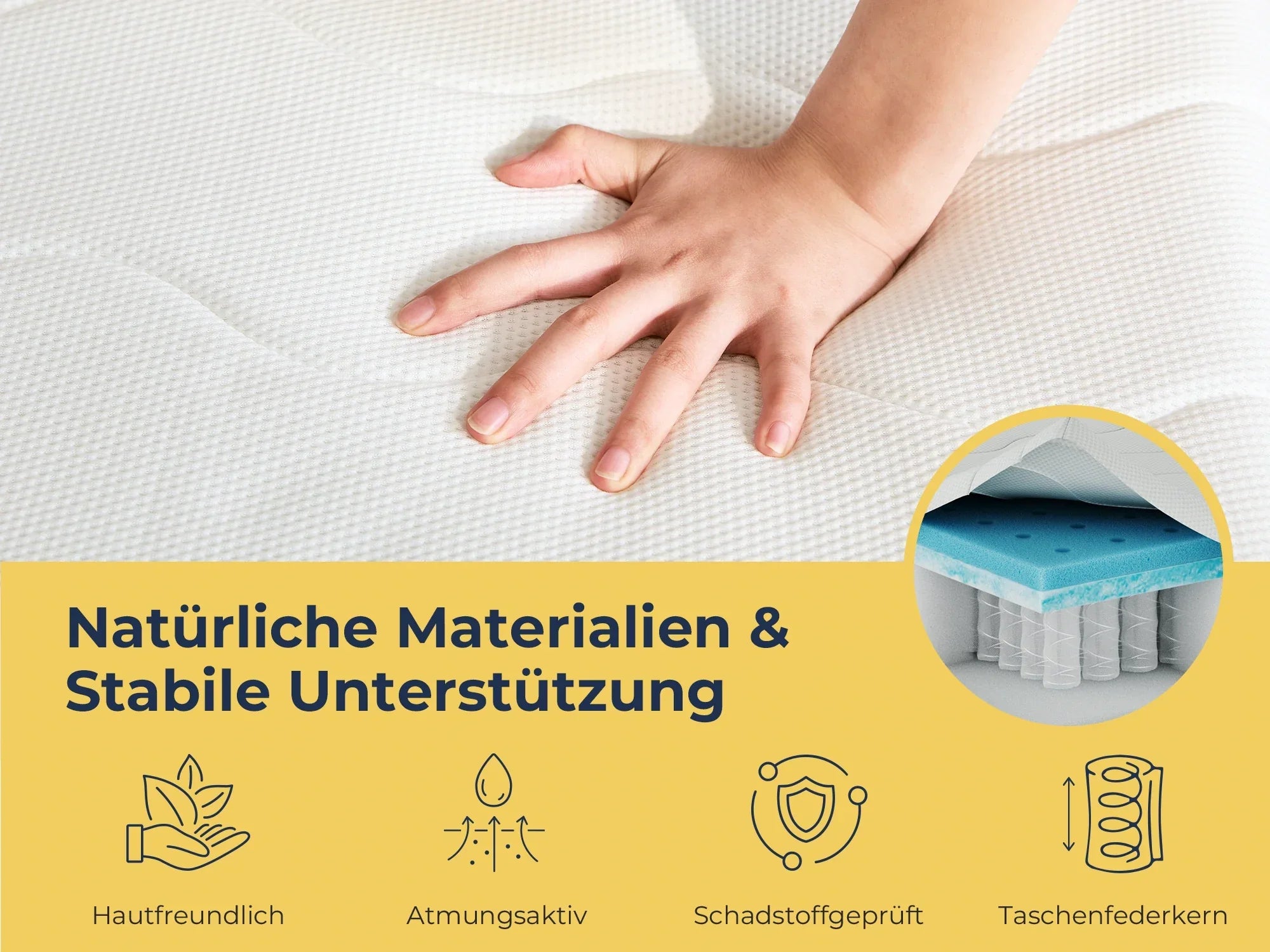 Hand auf weißer Matratze mit Taschenfederkern und natürlichen Materialien für stabile, atmungsaktive Unterstützung