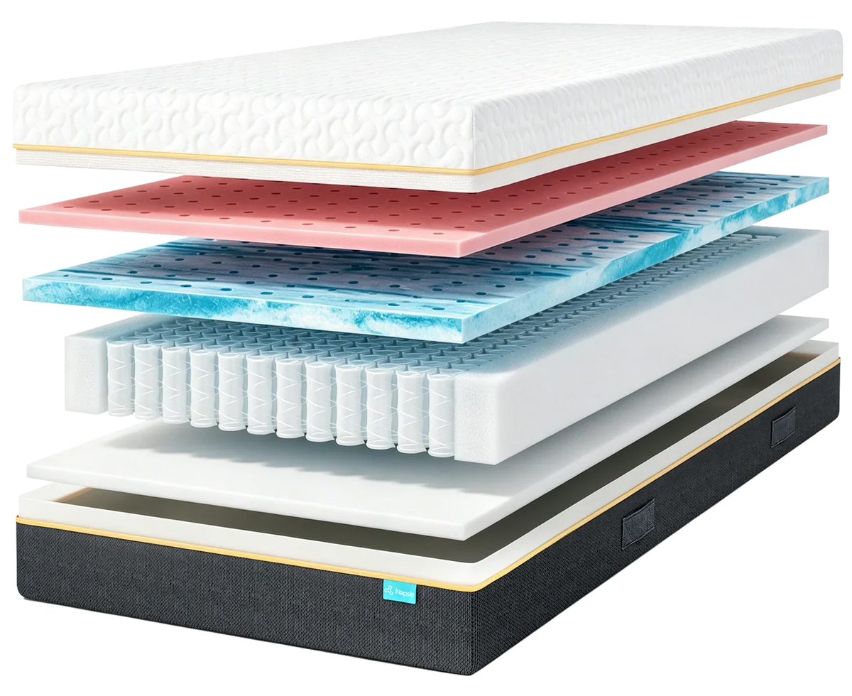 Aufgeschnittene Matratze mit mehreren Schichten: Schaumstoff, Federn und Kühlmaterial für optimalen Schlafkomfort