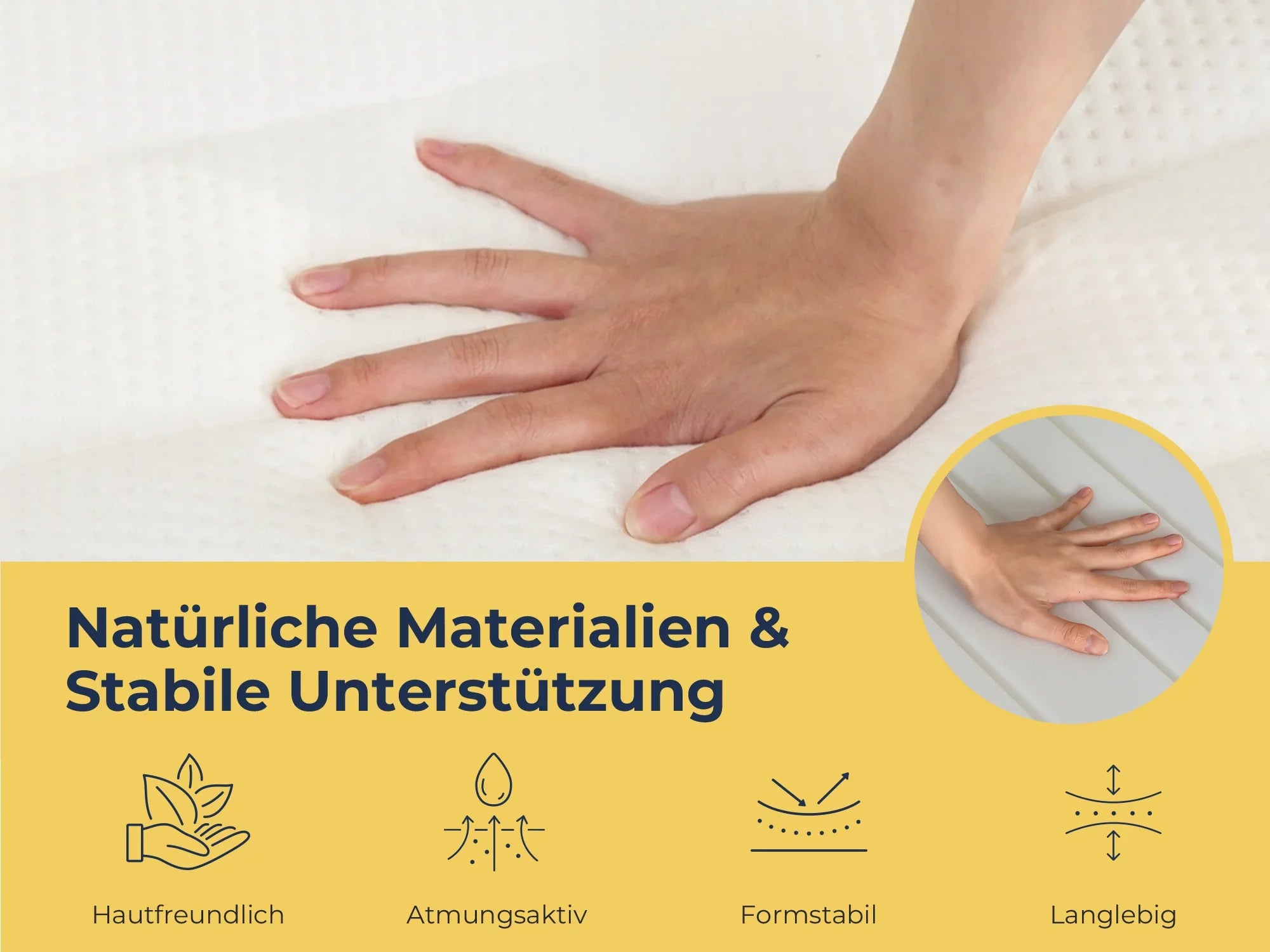 Hand auf atmungsaktivem, formstabilem Matratzenmaterial – hautfreundlich & langlebig