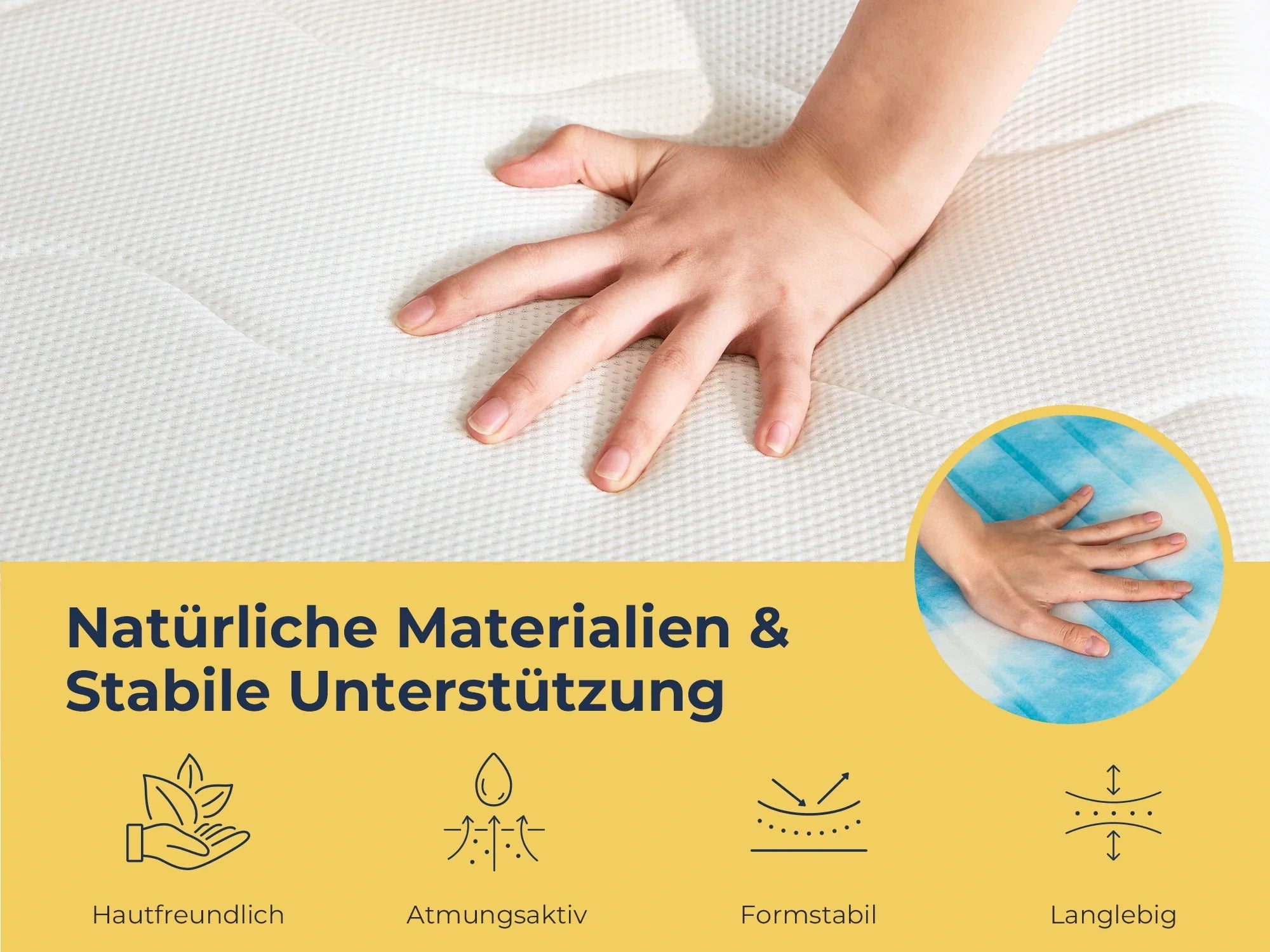 Hand auf atmungsaktivem Matratzenbezug mit natürlichen Materialien und stabiler Unterstützung
