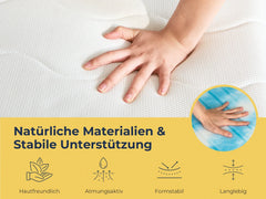 Hand auf atmungsaktivem Matratzenbezug mit natürlichen Materialien und stabiler Unterstützung