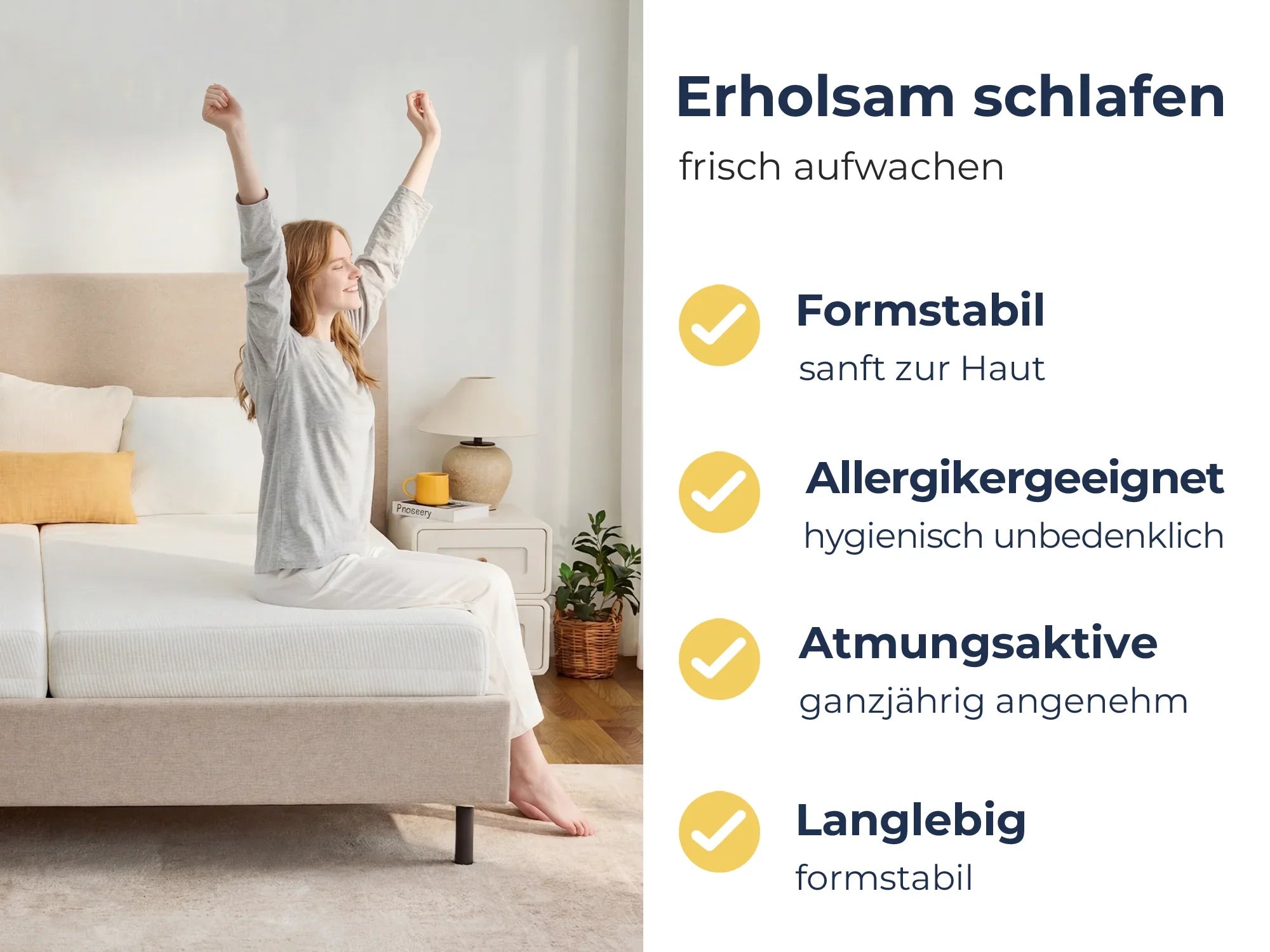 Frau dehnt sich frisch erholt im Bett – formstabil, allergikerfreundlich, atmungsaktiv & langlebig