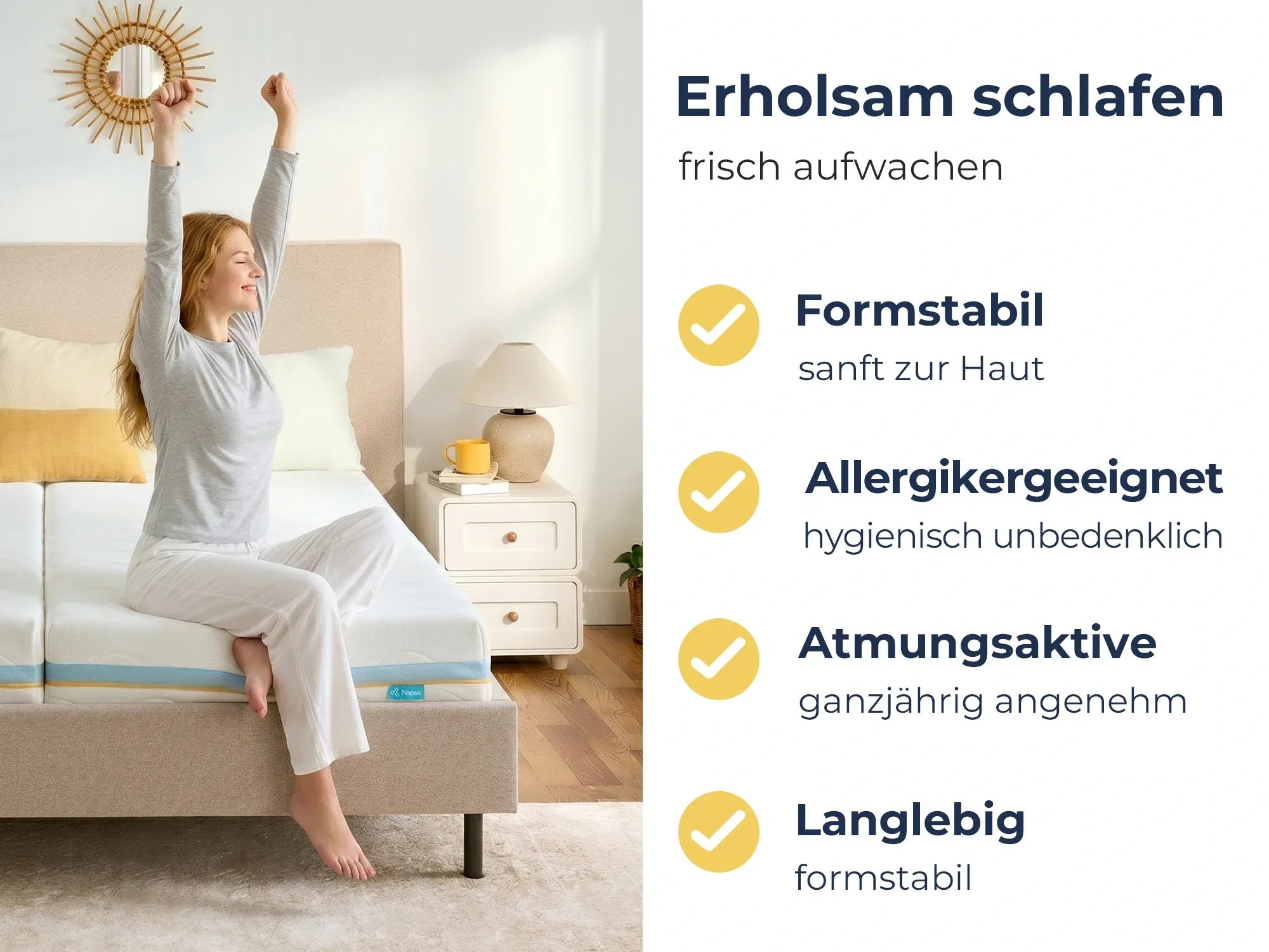Frau auf bequemer Matratze, erholungsschlaf mit formstabilen, allergikergeeigneten Eigenschaften