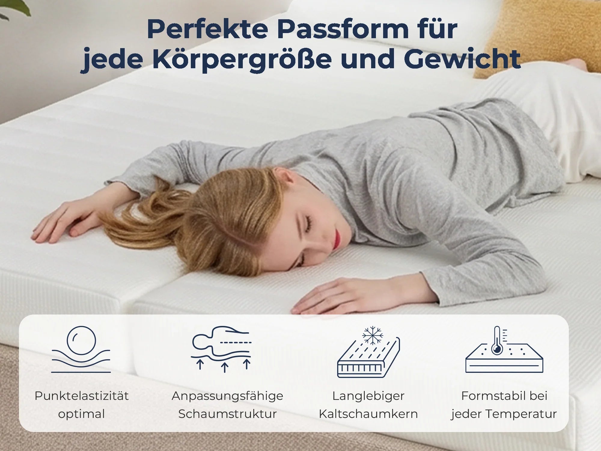 Frau schläft entspannt auf weißer Matratze mit optimaler Punktelastizität und temperaturstabiler Schaumstruktur