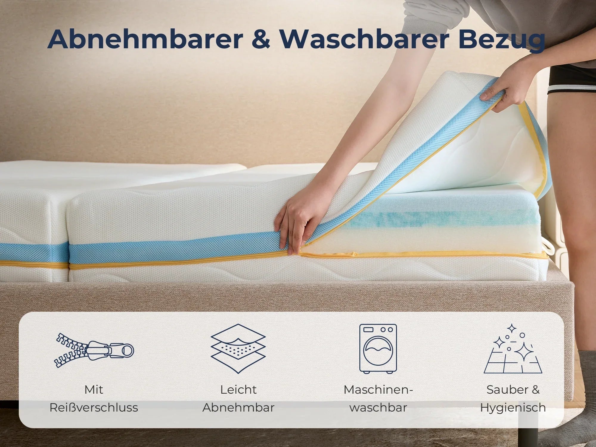 Abnehmbarer & waschbarer Matratzenbezug mit Reißverschluss, leicht, hygienisch und maschinenwaschbar