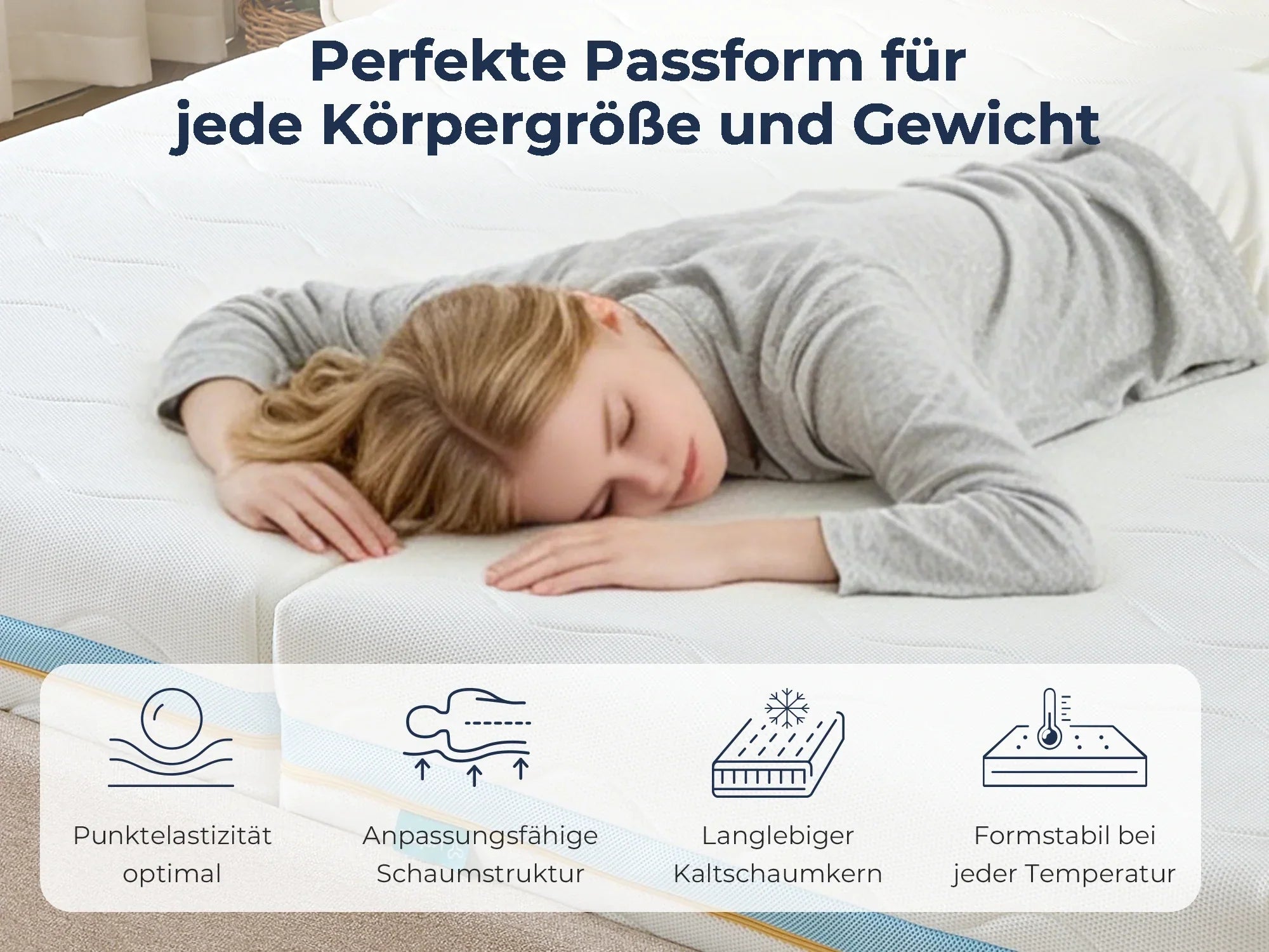 Frau schläft entspannt auf weißer Matratze mit perfekter Passform für jede Körpergröße und Gewicht