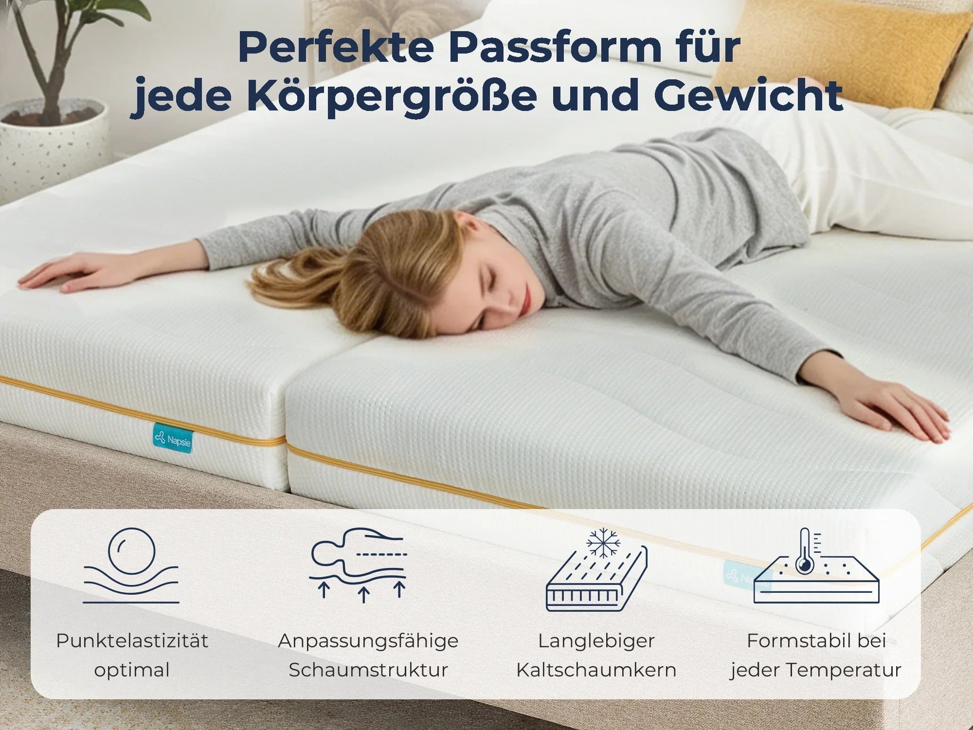 Frau schläft entspannt auf weißer Matratze mit Kaltschaumkern, perfekte Passform für jede Körpergröße