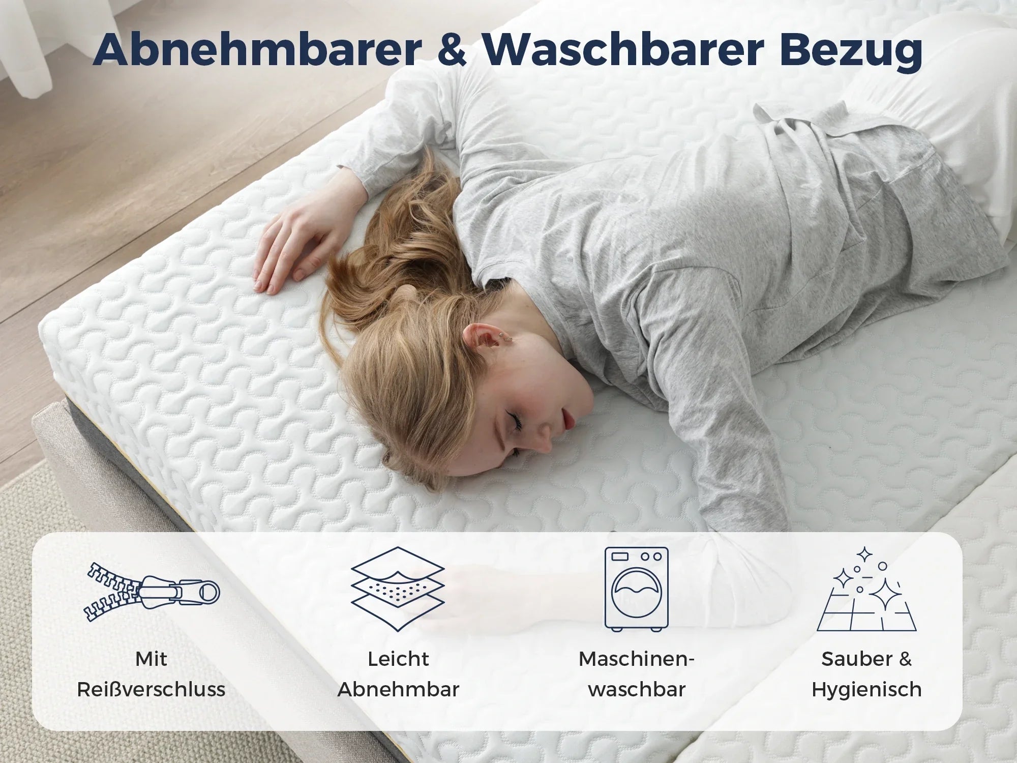 Frau schläft auf Matratze mit abnehmbarem, waschbarem Bezug – hygienisch & maschinenwaschbar