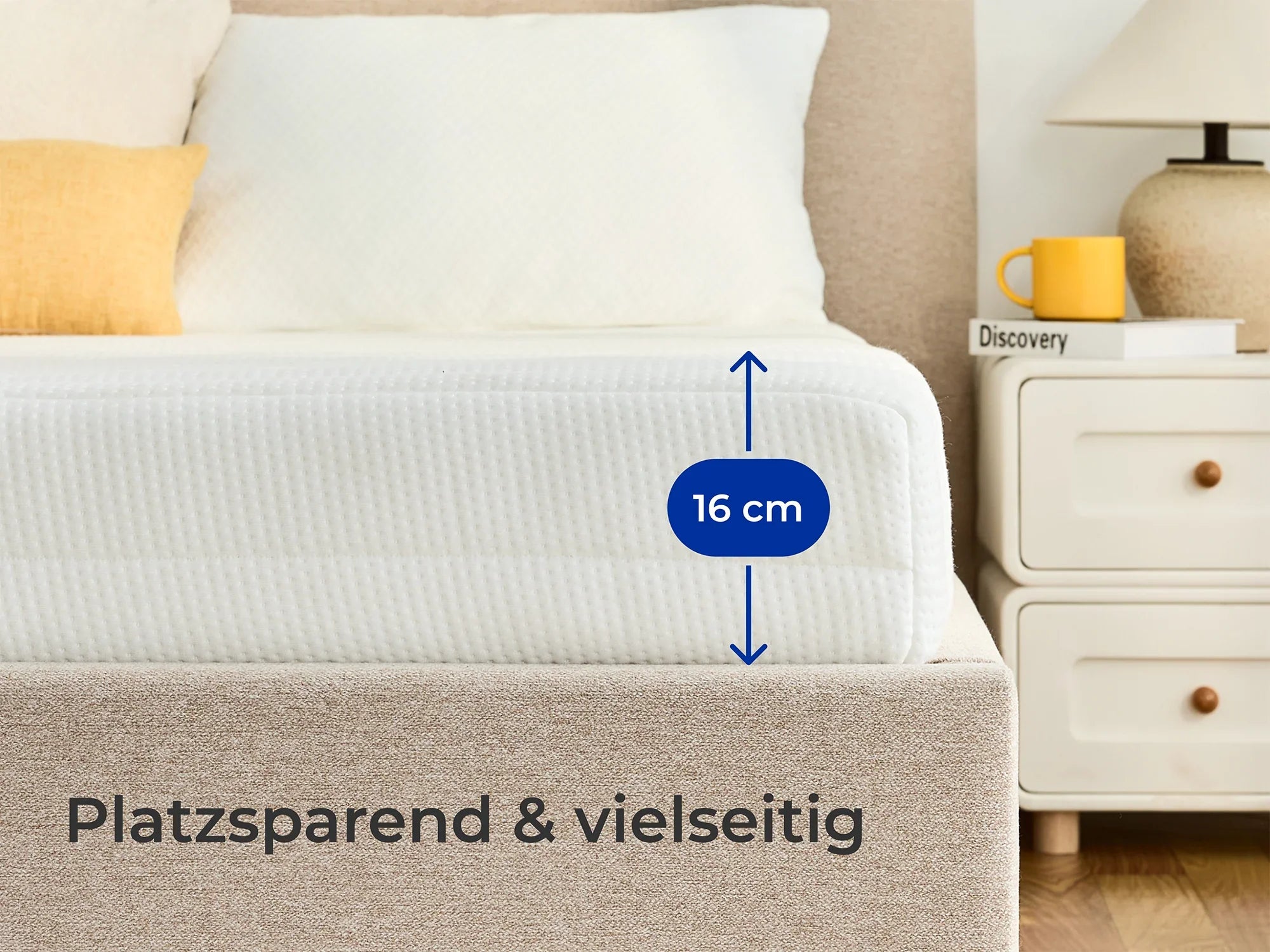 16 cm hohe Matratze, platzsparend & vielseitig, ideal für modernes Schlafzimmer mit weißer Bettwäsche