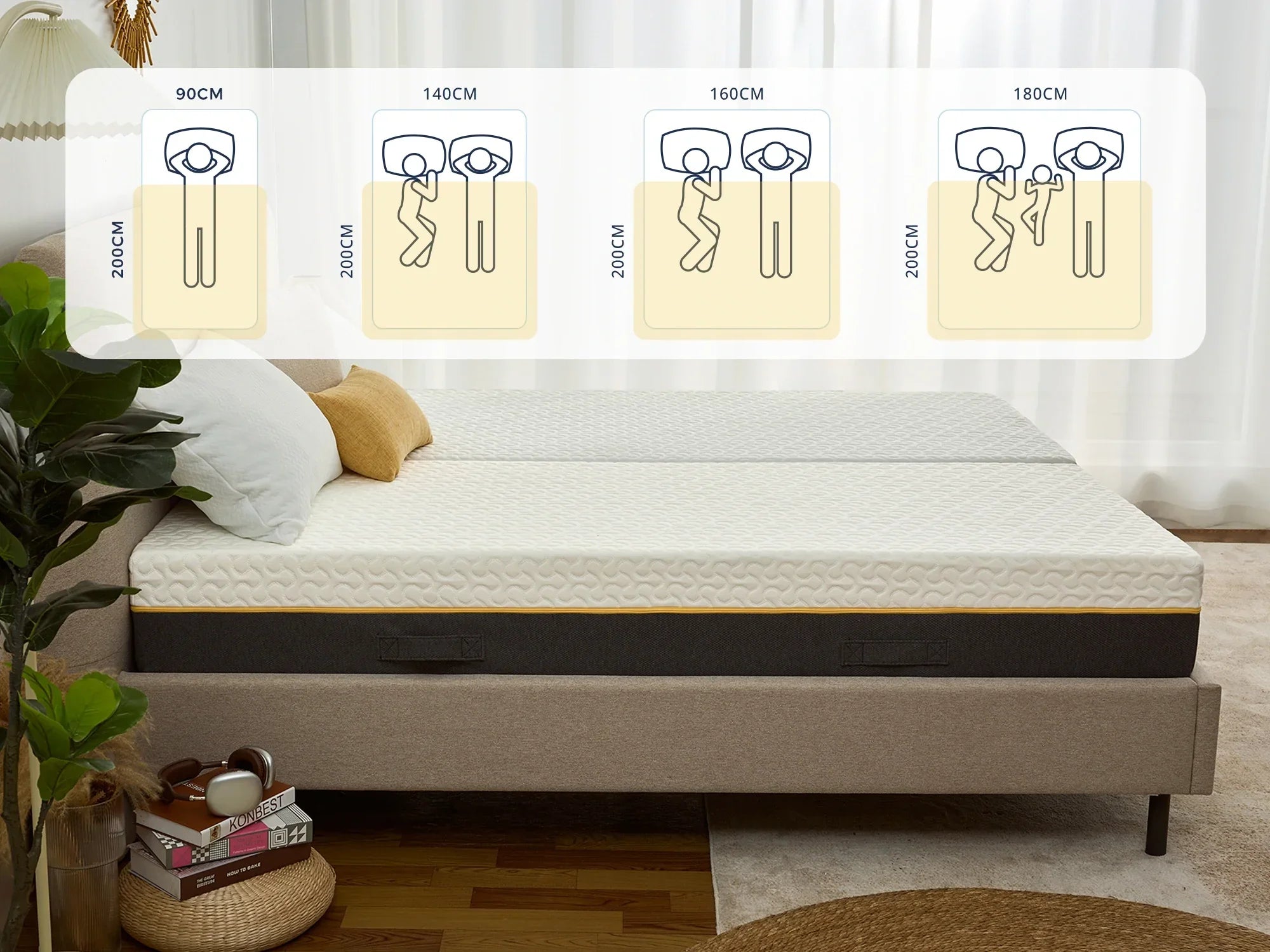 Matratze mit Größenübersicht: 90, 140, 160, 180 cm – ideal für Einzel- & Doppelbetten, modernes Schlafzimmer