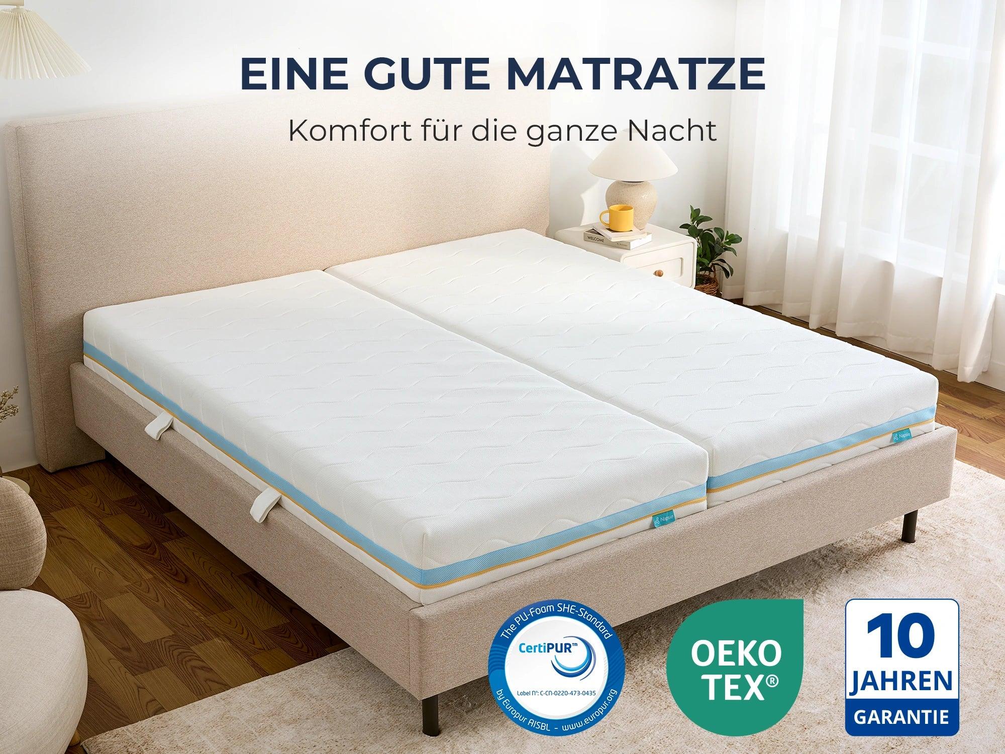 Weiße Matratze mit blauem Rand auf Bettgestell, Oeko-Tex® und 10 Jahre Garantie, Komfort für die ganze Nacht