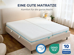 Weiße Matratze mit blauem Rand auf Bettgestell, Oeko-Tex® und 10 Jahre Garantie, Komfort für die ganze Nacht